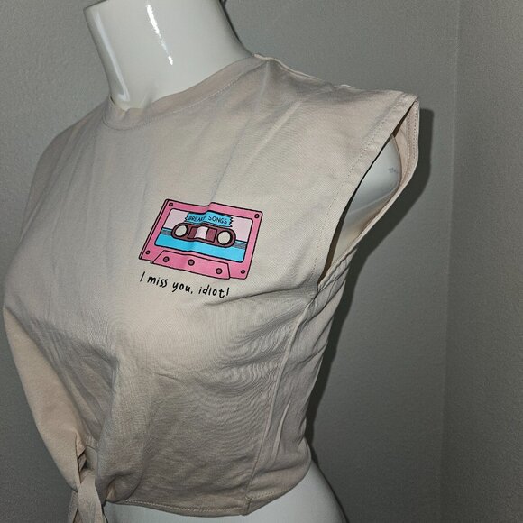 NWT Kagito Tan Tank Crop Top Cassette Tape Breakup Songs I Miss You Idiot Sz XS - Picture 5 of 14
